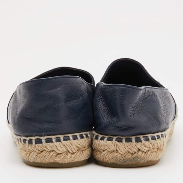 Pre Owned Chanel Navy Blue Leather CC Espadrille Flats Size 40