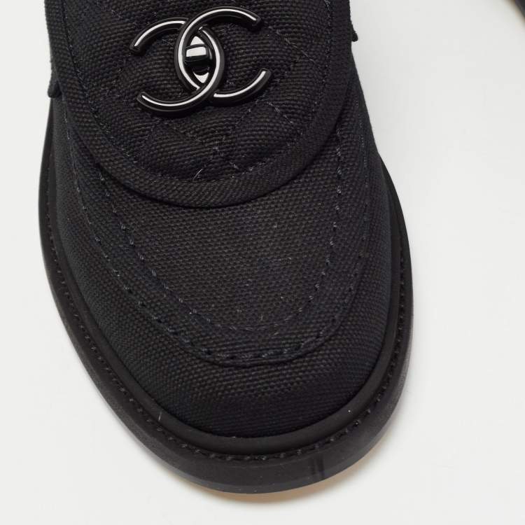Pre Owned Chanel Black Canvas Quilted CC Slip On Loafers Size 38