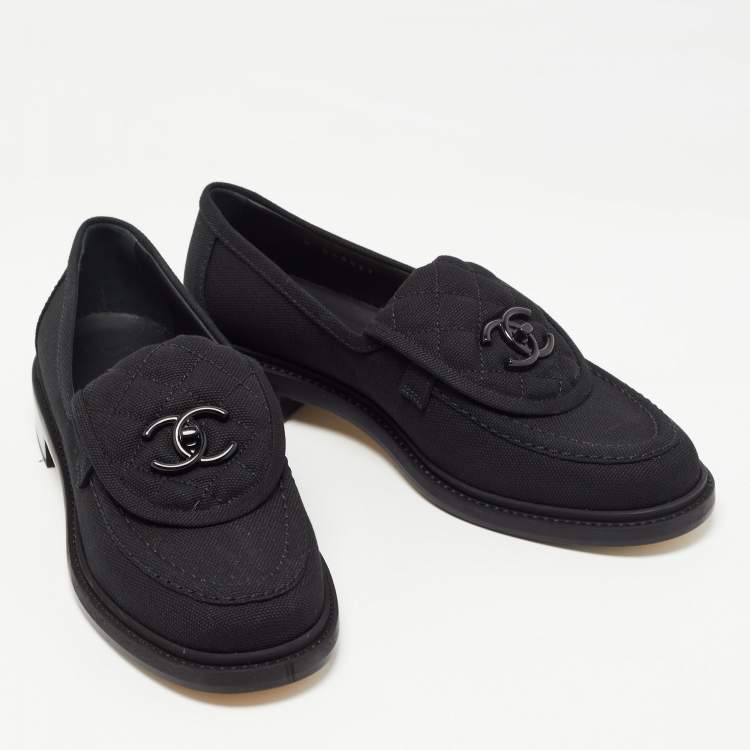 Pre Owned Chanel Black Canvas Quilted CC Slip On Loafers Size 38