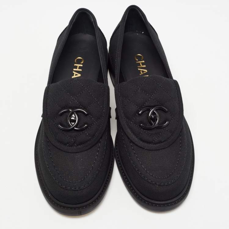 Pre Owned Chanel Black Canvas Quilted CC Slip On Loafers Size 38