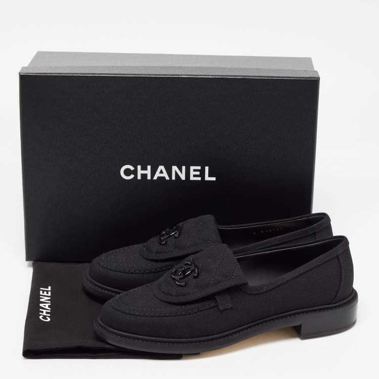 Pre Owned Chanel Black Canvas Quilted CC Slip On Loafers Size 38