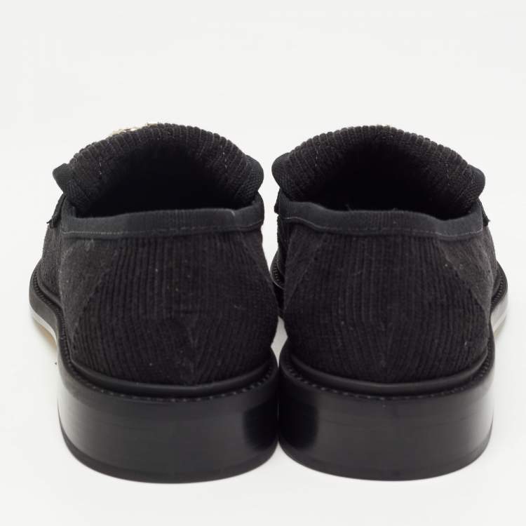 Pre Owned Chanel Black Fabric Quilted CC Crystal Embellished Slip On Loafers Size 38