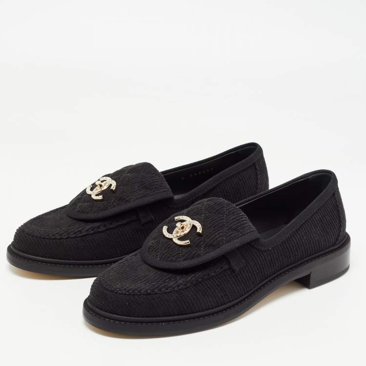 Chanel Black Fabric Quilted CC Crystal Embellished Slip On Loafers