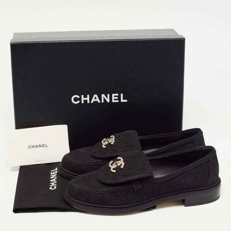 Pre Owned Chanel Black Fabric Quilted CC Crystal Embellished Slip On Loafers Size 38