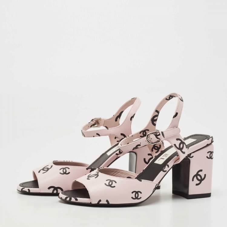 Chanel Pink/Black CC Print Leather Ankle Strap Sandals Size 37 Chanel