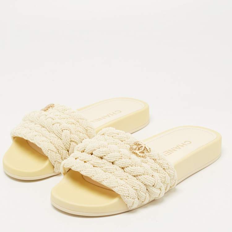 Chanel White Beads Briaded Slide Sandals Size 36 Chanel