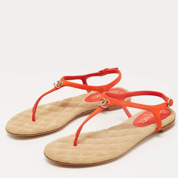 Chanel Orange Suede CC Embellished Ankle Strap Thong Flat Sandals