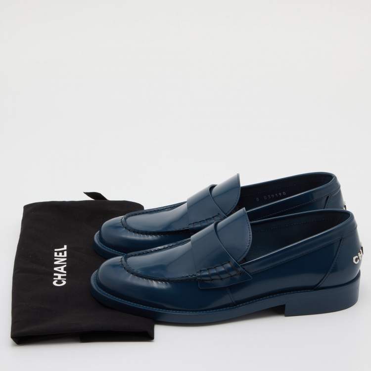 Pre Owned Chanel Blue Leather Slip On Loafers Size 37.5
