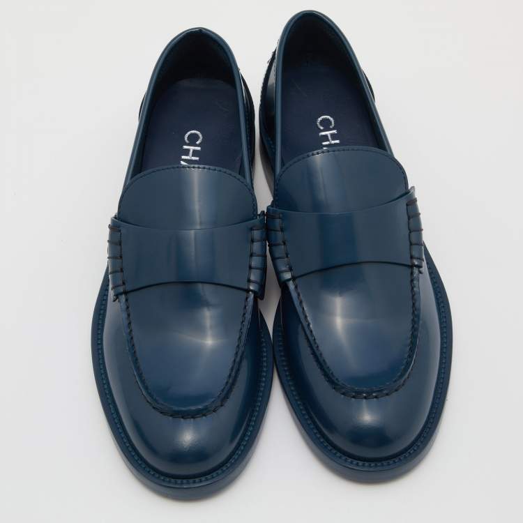Pre Owned Chanel Blue Leather Slip On Loafers Size 37.5
