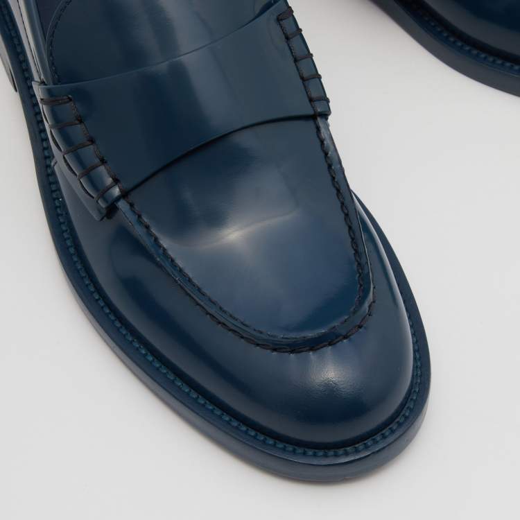 Pre Owned Chanel Blue Leather Slip On Loafers Size 37.5