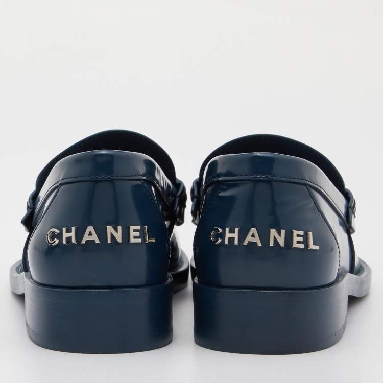 Pre Owned Chanel Blue Leather Slip On Loafers Size 37.5