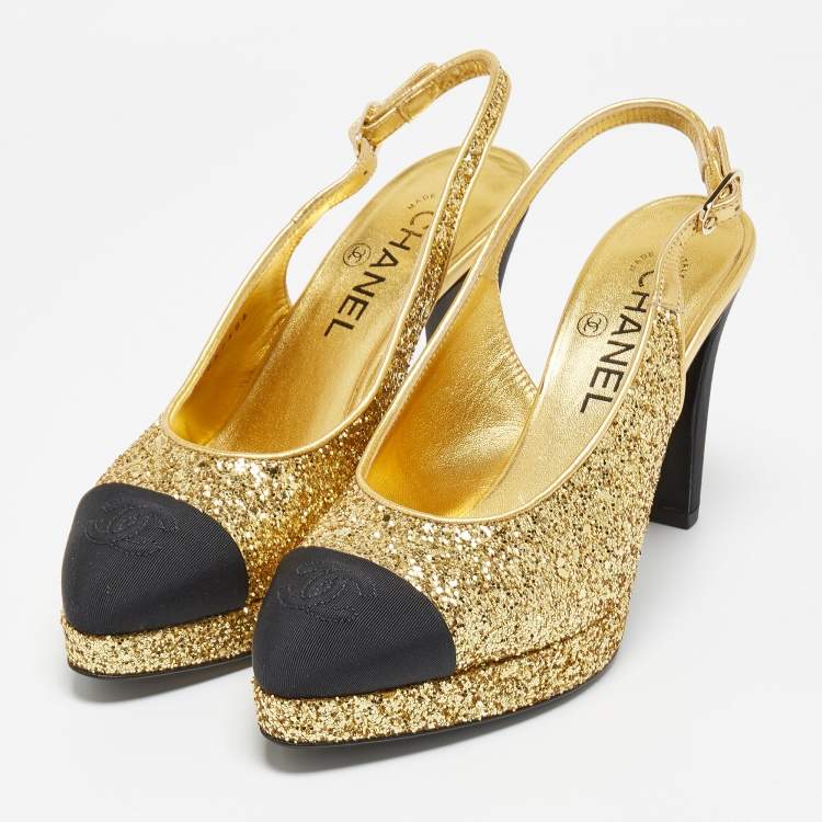 Chanel Gold/Black Glitter and Canvas Cap Toe Slingback Pumps Size 37 Chanel