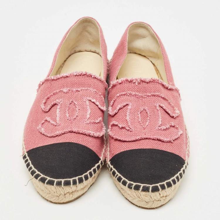 Pre Owned Chanel Pink/Black Canvas CC Cap Toe  Espadrille Flats Size 41