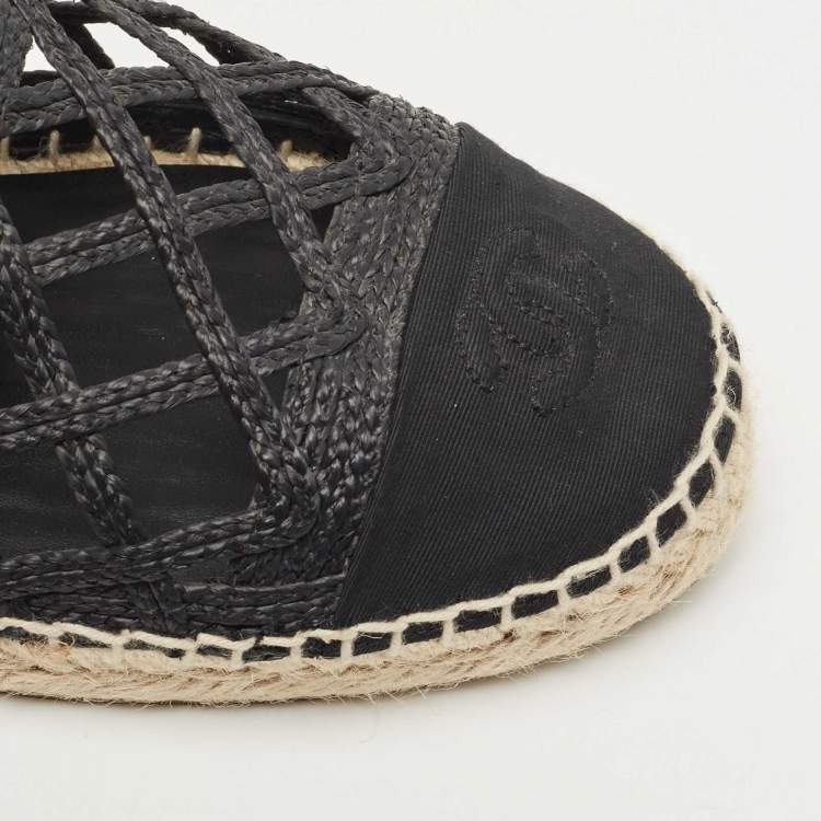 Pre Owned Chanel Black Canvas and Raffia  Interlocking CC Logo Espadrille Flats Size 40