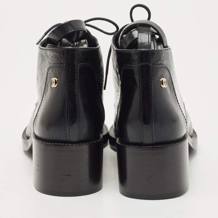 Pre Owned Chanel Black Black Leather Ankle Boots Size 38