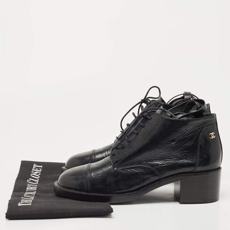 Pre Owned Chanel Black Black Leather Ankle Boots Size 38