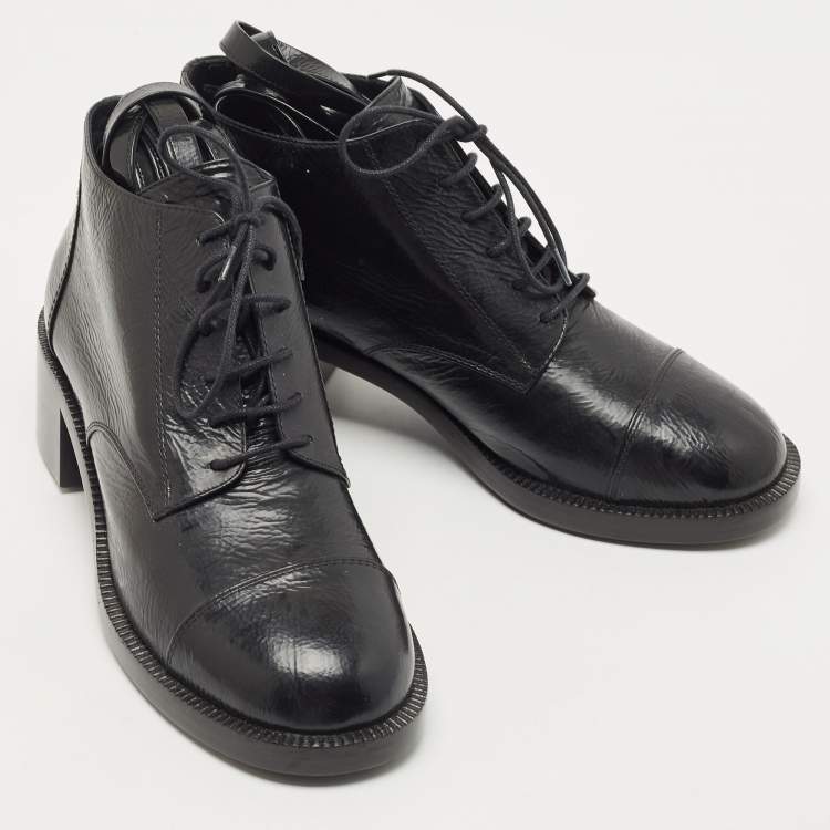 Pre Owned Chanel Black Black Leather Ankle Boots Size 38