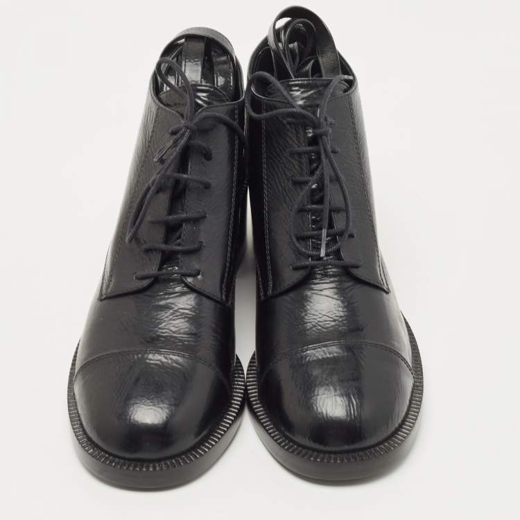 Pre Owned Chanel Black Black Leather Ankle Boots Size 38