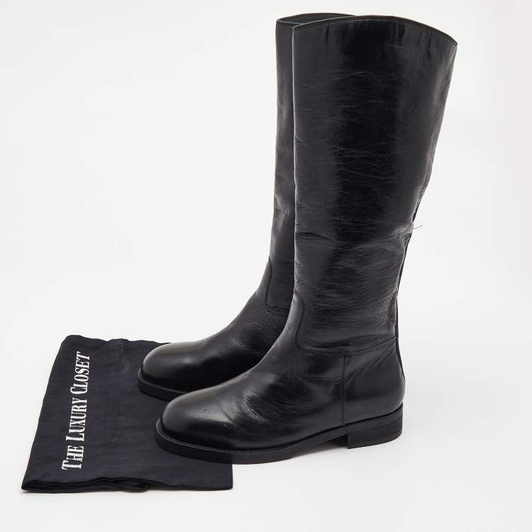 Pre Owned Chanel Black Leather CC Embossed Calf Boots Size 39