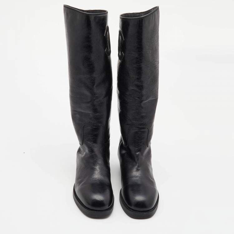 Pre Owned Chanel Black Leather CC Embossed Calf Boots Size 39