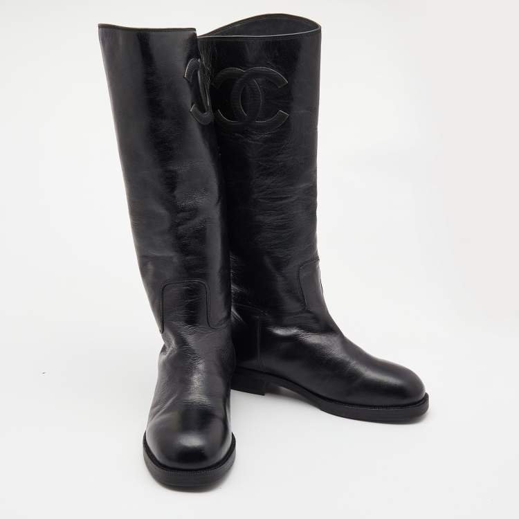 Pre Owned Chanel Black Leather CC Embossed Calf Boots Size 39
