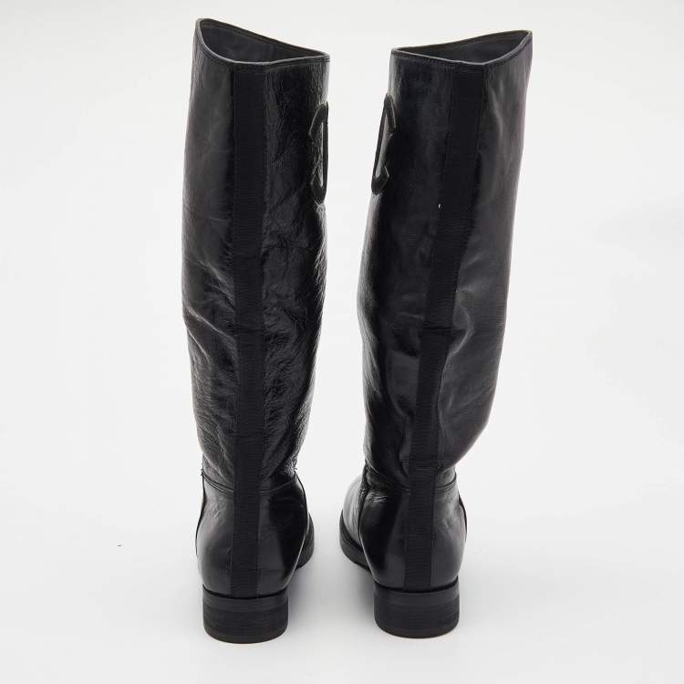 Pre Owned Chanel Black Leather CC Embossed Calf Boots Size 39