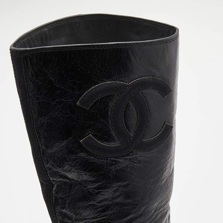 Pre Owned Chanel Black Leather CC Embossed Calf Boots Size 39