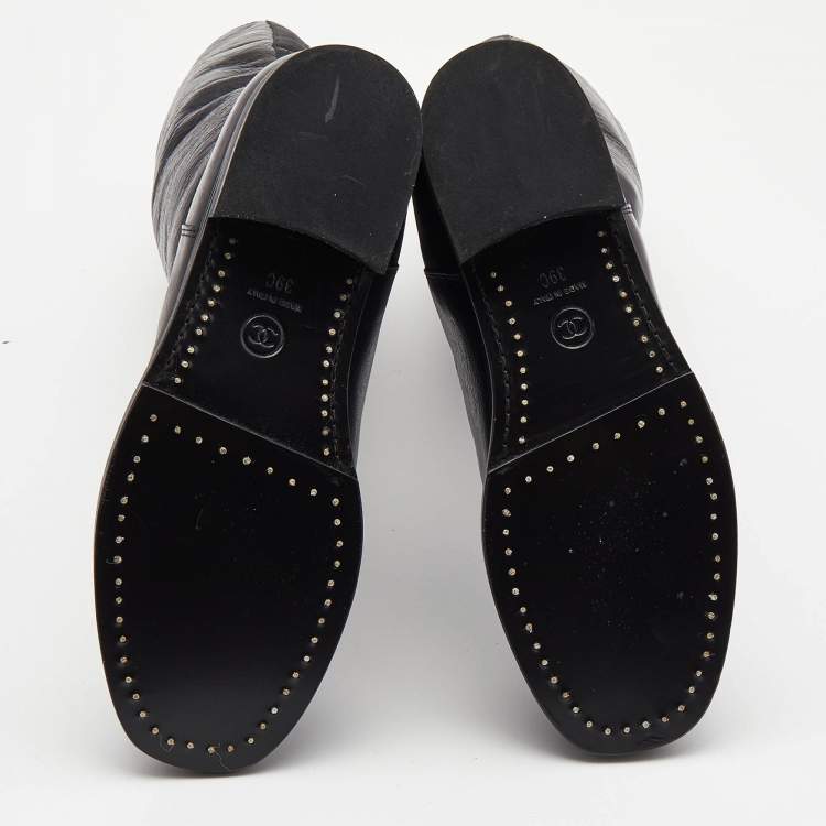 Pre Owned Chanel Black Leather CC Embossed Calf Boots Size 39