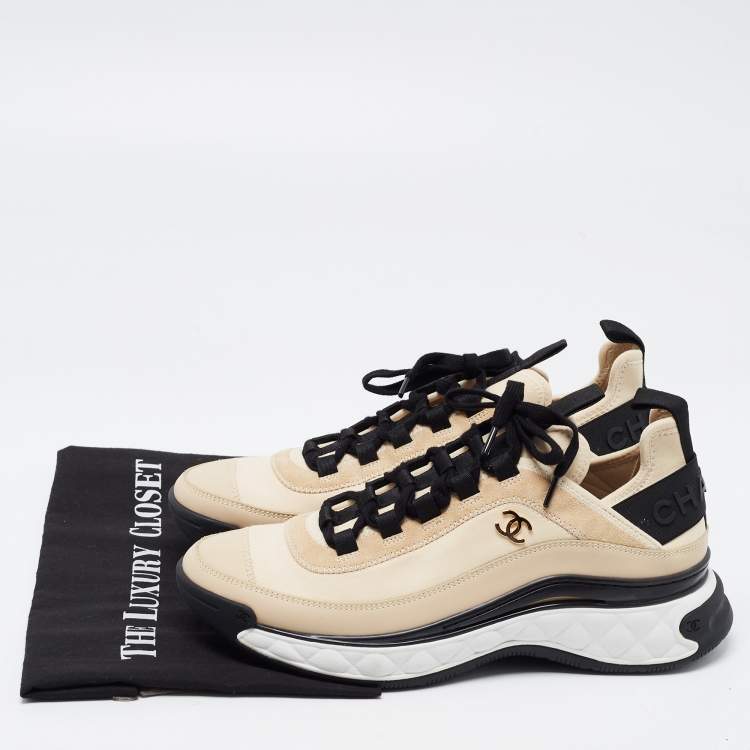 Pre Owned Chanel Beige Satin and Suede Calfskin Mixed Fibers CC Sneakers Size 39.5