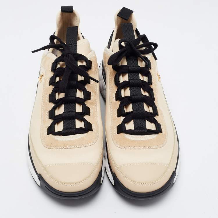 Pre Owned Chanel Beige Satin and Suede Calfskin Mixed Fibers CC Sneakers Size 39.5