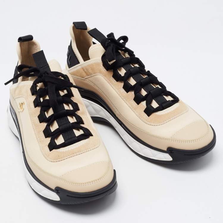 Pre Owned Chanel Beige Satin and Suede Calfskin Mixed Fibers CC Sneakers Size 39.5