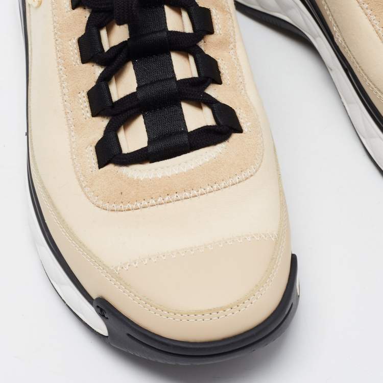 Pre Owned Chanel Beige Satin and Suede Calfskin Mixed Fibers CC Sneakers Size 39.5