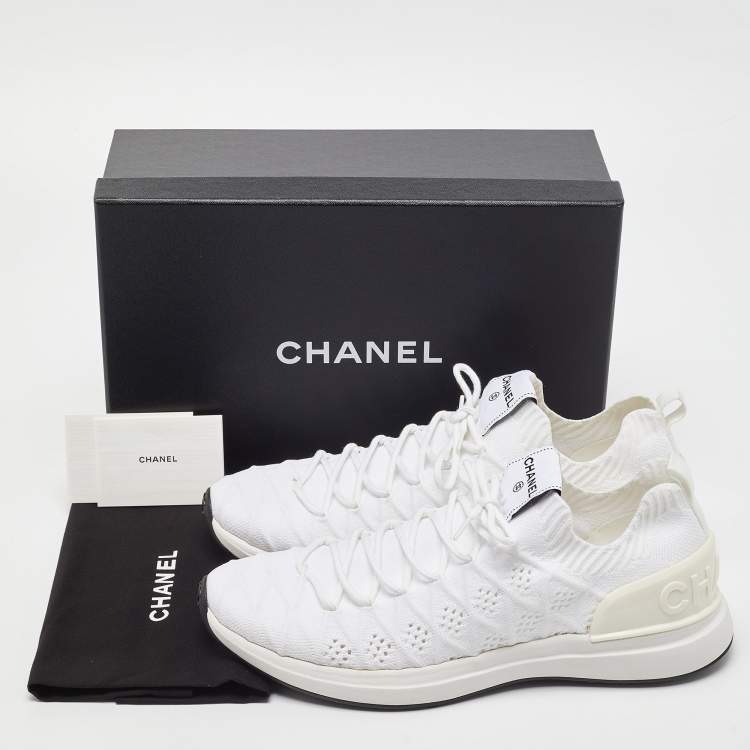 Pre Owned Chanel White Knit Fabric Lace Up Sneakers Size 42