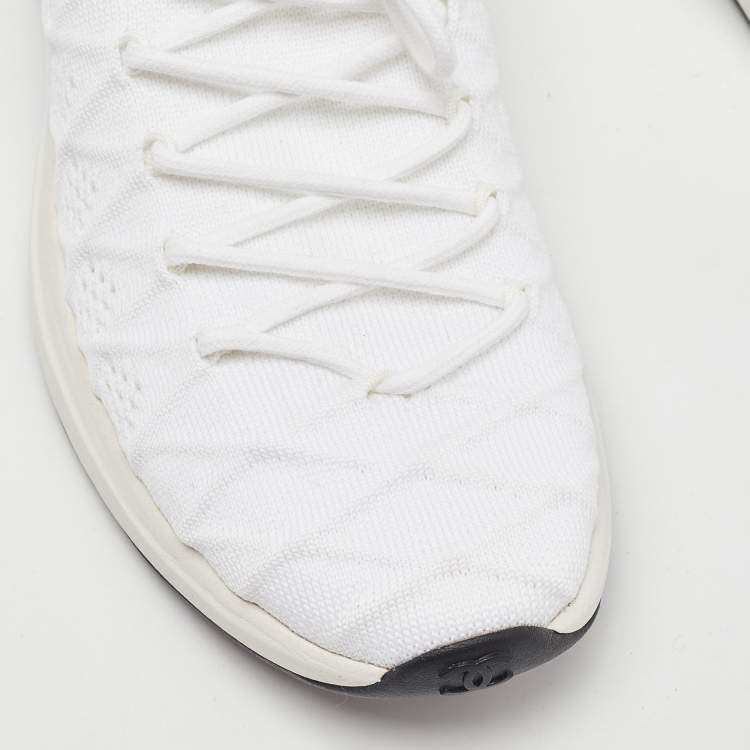 Pre Owned Chanel White Knit Fabric Lace Up Sneakers Size 42
