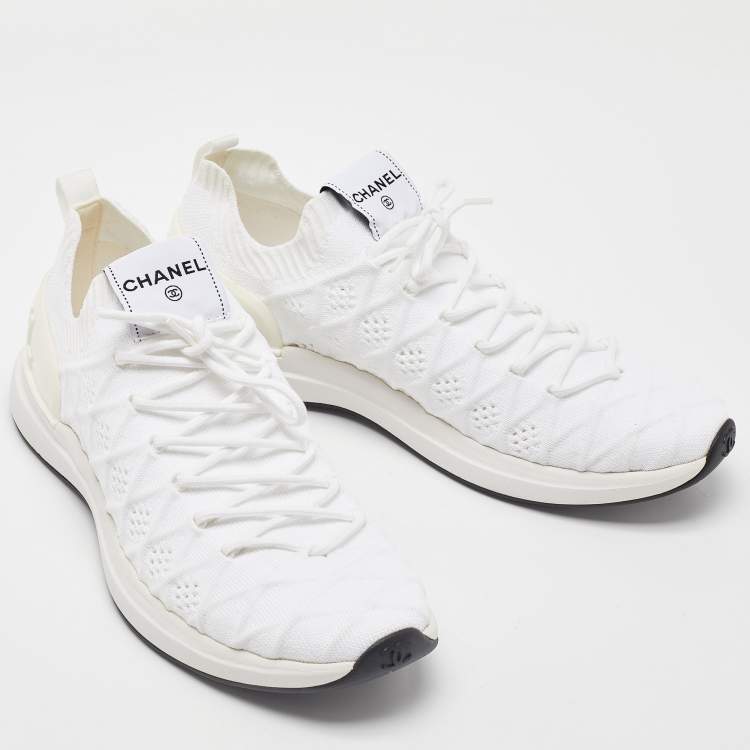Pre Owned Chanel White Knit Fabric Lace Up Sneakers Size 42