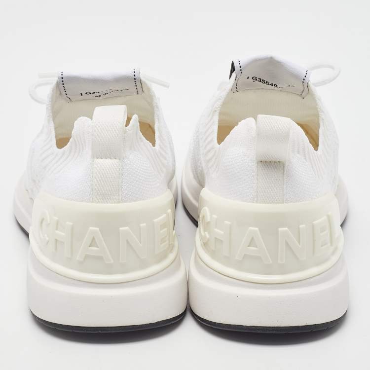 Pre Owned Chanel White Knit Fabric Lace Up Sneakers Size 42