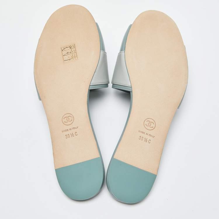 Pre Owned Chanel Pale Green Leather Crystal/Pearl Embellished CC Logo Flat Slides Size 38.5