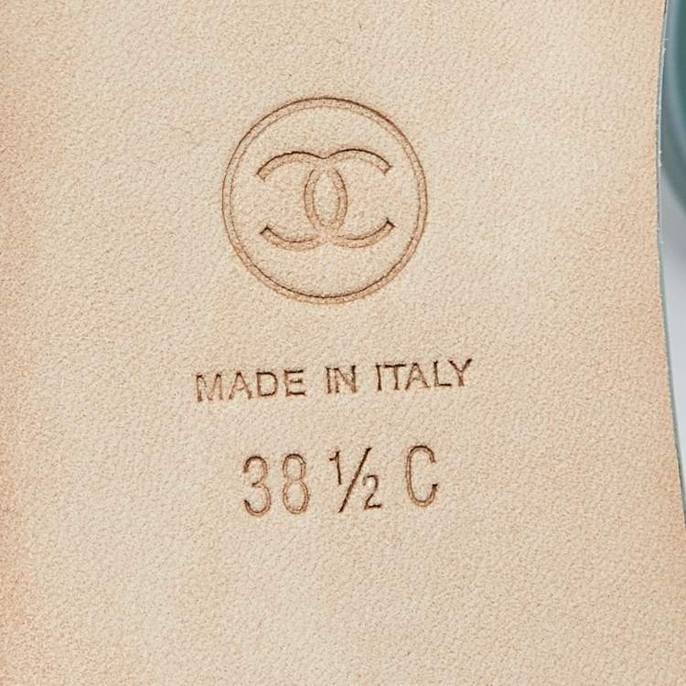Pre Owned Chanel Pale Green Leather Crystal/Pearl Embellished CC Logo Flat Slides Size 38.5