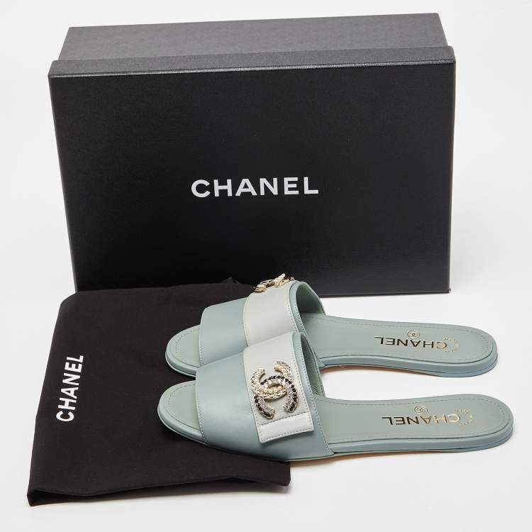 Pre Owned Chanel Pale Green Leather Crystal/Pearl Embellished CC Logo Flat Slides Size 38.5