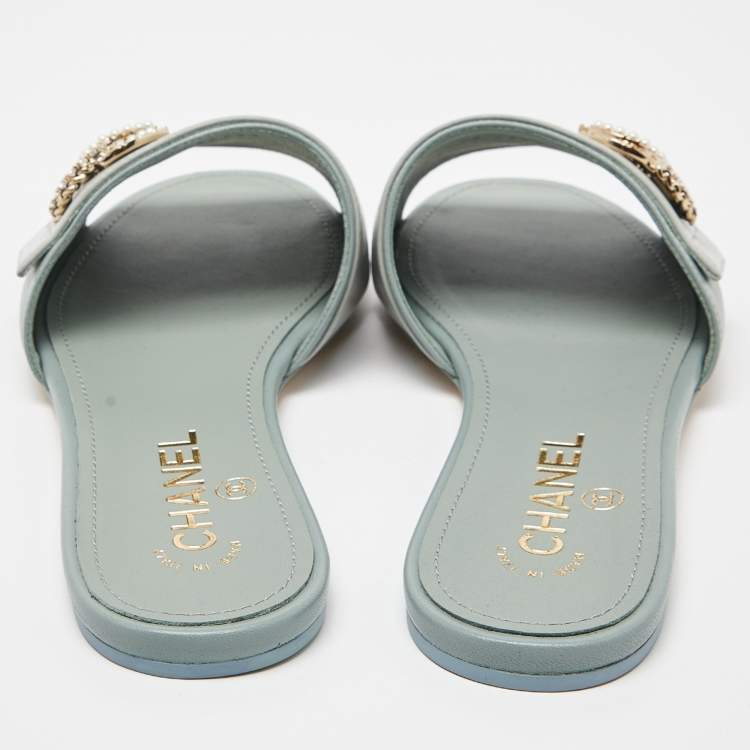 Pre Owned Chanel Pale Green Leather Crystal/Pearl Embellished CC Logo Flat Slides Size 38.5