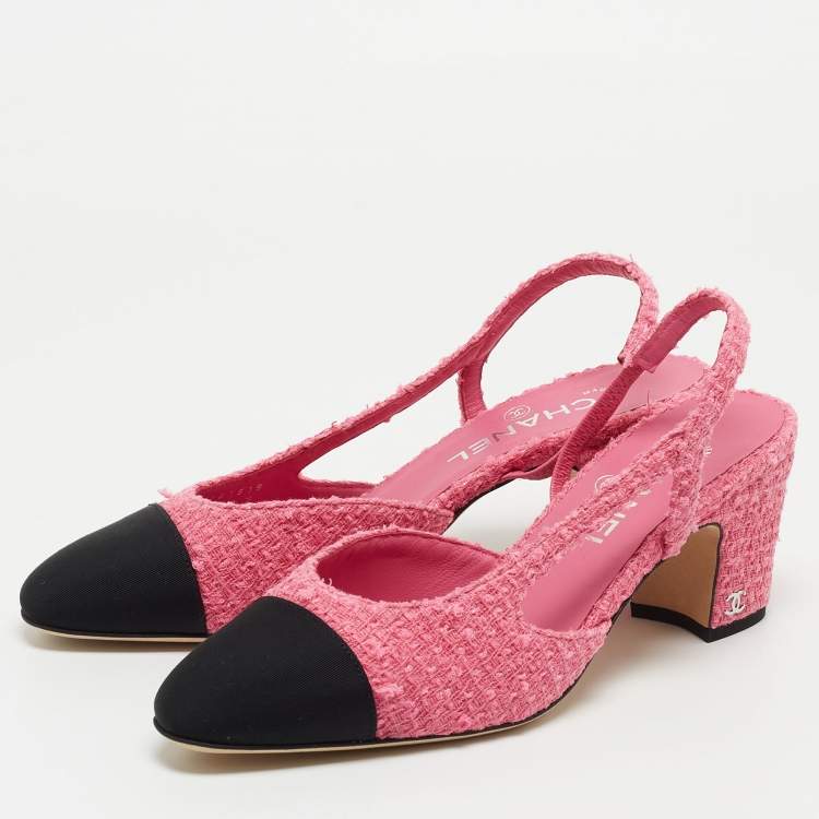 Chanel Pink/Black Tweed and Canvas CC Slingback Pumps Size 38.5 Chanel