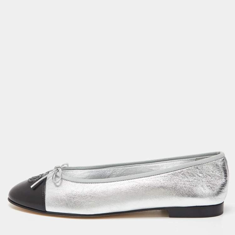 Chanel Metallic Silver/Black Leather CC Bow Cap Toe Ballet Flats Size 41.5  Chanel | The Luxury Closet