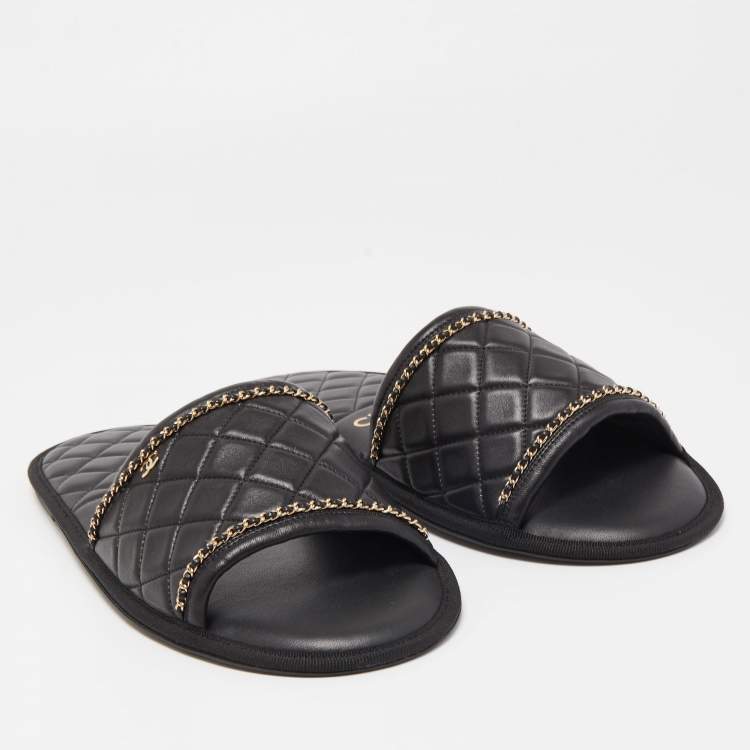 Pre Owned Chanel Black Quilted Leather Chain Flat Slides Size XL