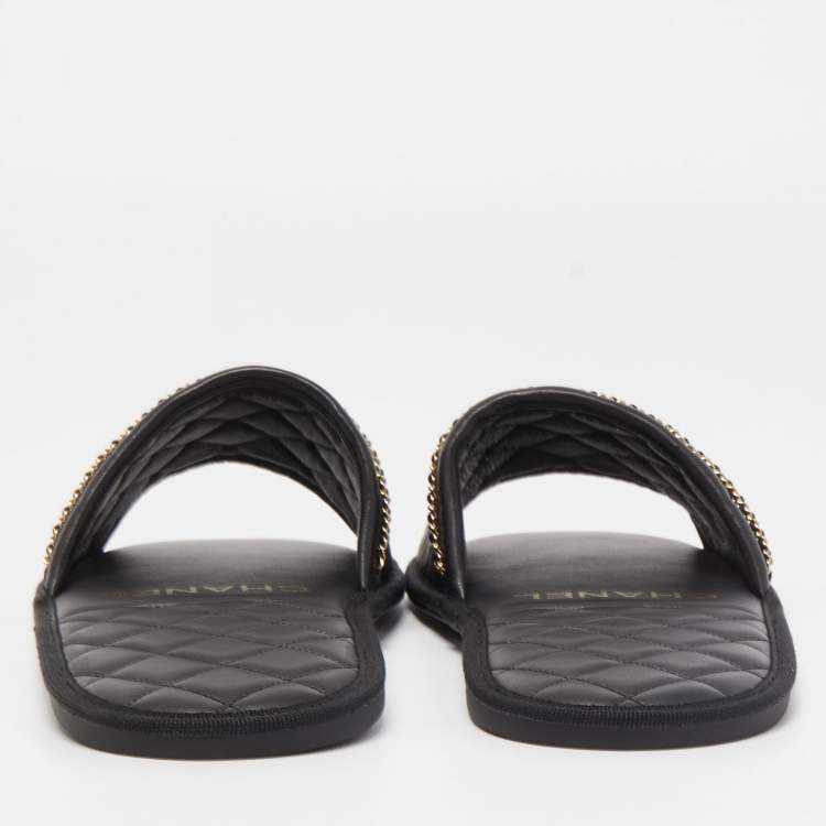 Pre Owned Chanel Black Quilted Leather Chain Flat Slides Size XL
