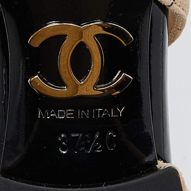 Pre Owned Chanel Beige/Black Suede and Patent Leather CC Cap Toe Mary Jane Flats Size 37.5