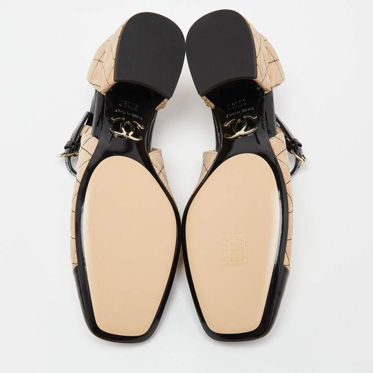 Pre Owned Chanel Beige/Black Suede and Patent Leather CC Cap Toe Mary Jane Flats Size 37.5