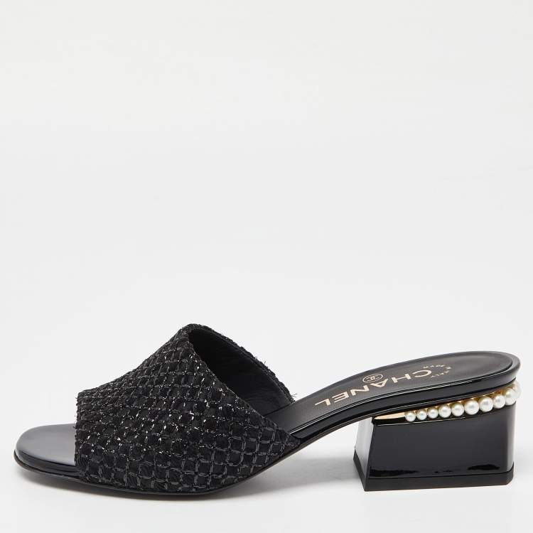 Chanel Black Fabric and Patent Leather Pearl Embellished Slide