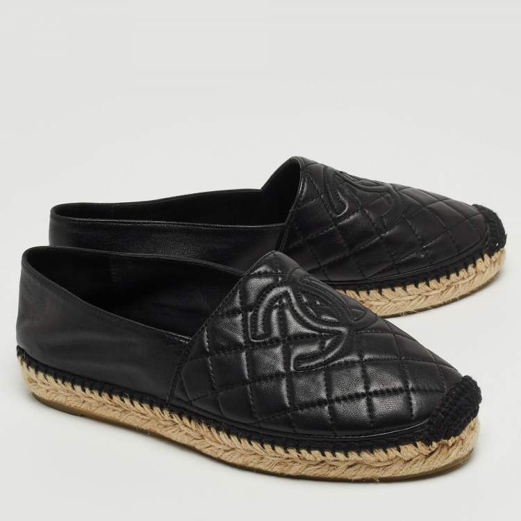 Pre Owned Chanel Black Quilted Leather CC Espadrille Flats Size 37