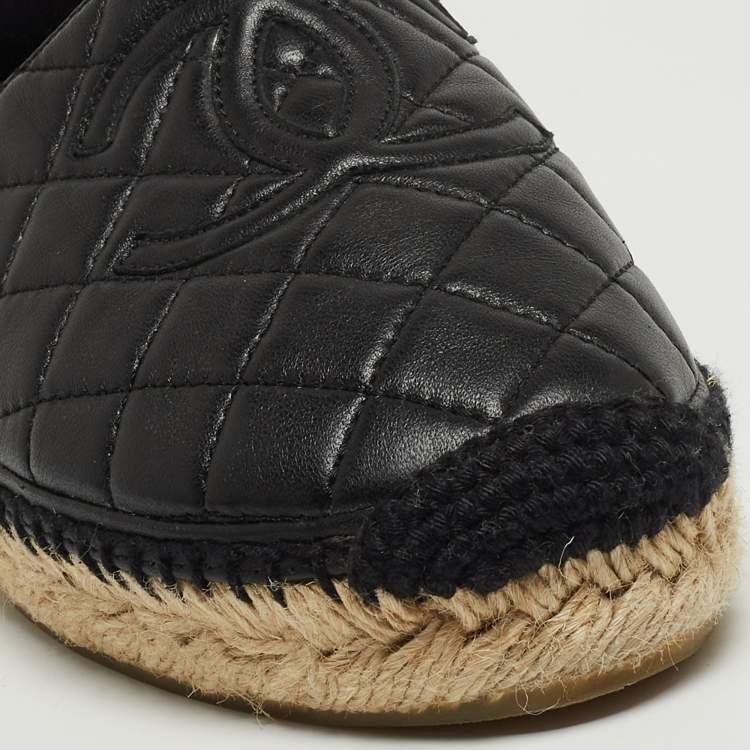 Pre Owned Chanel Black Quilted Leather CC Espadrille Flats Size 37