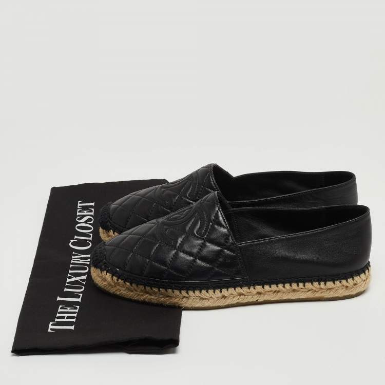 Pre Owned Chanel Black Quilted Leather CC Espadrille Flats Size 37